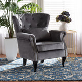 Fletcher Classic and Traditional Grey Velvet Fabric Upholstered and Dark Brown Finished Wood Armchair