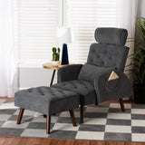 Haldis Modern and Contemporary Grey velvet Fabric Upholstered and Walnut Brown Finished Wood 2-Piece Lounge Chair and Ottoman Set