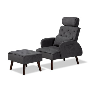 Haldis Modern and Contemporary Grey velvet Fabric Upholstered and Walnut Brown Finished Wood 2-Piece Lounge Chair and Ottoman Set