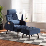 Haldis Modern and Contemporary Navy Blue velvet Fabric Upholstered and Walnut Brown Finished Wood 2-Piece Lounge Chair and Ottoman Set