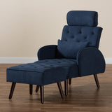 Haldis Modern and Contemporary Navy Blue velvet Fabric Upholstered and Walnut Brown Finished Wood 2-Piece Lounge Chair and Ottoman Set