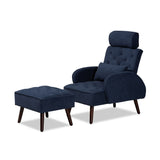 Haldis Modern and Contemporary Navy Blue velvet Fabric Upholstered and Walnut Brown Finished Wood 2-Piece Lounge Chair and Ottoman Set