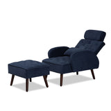 Haldis Modern and Contemporary Navy Blue velvet Fabric Upholstered and Walnut Brown Finished Wood 2-Piece Lounge Chair and Ottoman Set