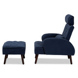 Haldis Modern and Contemporary Navy Blue velvet Fabric Upholstered and Walnut Brown Finished Wood 2-Piece Lounge Chair and Ottoman Set