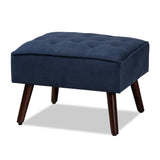 Haldis Modern and Contemporary Navy Blue velvet Fabric Upholstered and Walnut Brown Finished Wood 2-Piece Lounge Chair and Ottoman Set