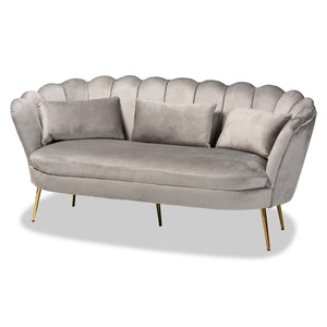 Genia Contemporary Glam and Luxe Grey Velvet Fabric Upholstered and Gold Metal Sofa