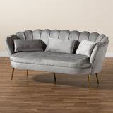 Genia Contemporary Glam and Luxe Grey Velvet Fabric Upholstered and Gold Metal Sofa