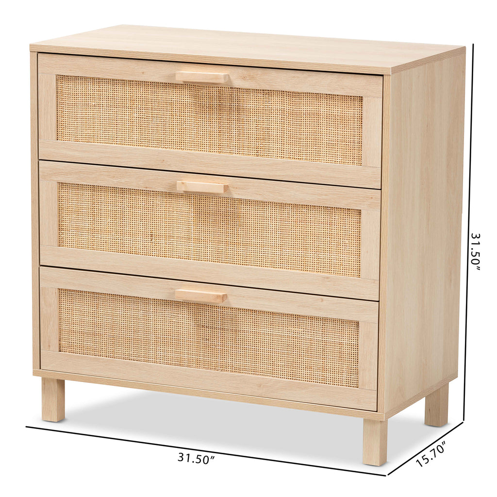 Baxton Studio Sebille Mid-Century Modern Light Brown Finished Wood 3-Drawer Storage Chest with Natural Rattan