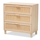 Sebille Mid-Century Modern Light Brown Finished Wood 3-Drawer Storage Chest with Natural Rattan