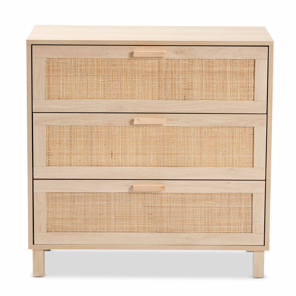 Baxton Studio Sebille Mid-Century Modern Light Brown Finished Wood 3-Drawer Storage Chest with Natural Rattan