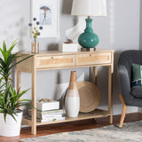 Baxton Studio Sebille Mid-Century Modern Light Brown Finished Wood 2-Drawer Console Table with Natural Rattan