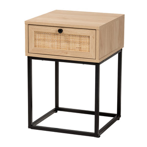 Baxton Studio Amelia Mid-Century Modern Transitional Natural Brown Finished Wood and Natural Rattan 1-Drawer Nightstand