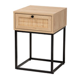 Amelia Mid-Century Modern Transitional Natural Brown Finished Wood and Natural Rattan 1-Drawer Nightstand