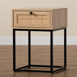 Baxton Studio Amelia Mid-Century Modern Transitional Natural Brown Finished Wood and Natural Rattan 1-Drawer Nightstand