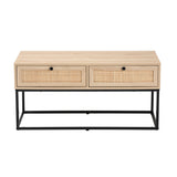 Baxton Studio Amelia Mid-Century Modern Transitional Natural Brown Finished Wood and Natural Rattan 2-Drawer Coffee Table