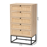 Baxton Studio Amelia Mid-Century Modern Transitional Natural Brown Finished Wood and Natural Rattan 5-Drawer Chest