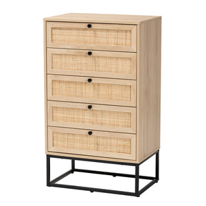 Baxton Studio Amelia Mid-Century Modern Transitional Natural Brown Finished Wood and Natural Rattan 5-Drawer Chest