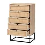 Baxton Studio Amelia Mid-Century Modern Transitional Natural Brown Finished Wood and Natural Rattan 5-Drawer Chest