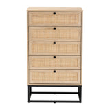 Baxton Studio Amelia Mid-Century Modern Transitional Natural Brown Finished Wood and Natural Rattan 5-Drawer Chest