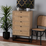 Baxton Studio Amelia Mid-Century Modern Transitional Natural Brown Finished Wood and Natural Rattan 5-Drawer Chest