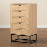 Baxton Studio Amelia Mid-Century Modern Transitional Natural Brown Finished Wood and Natural Rattan 5-Drawer Chest