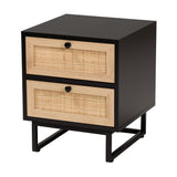 Declan Mid-Century Modern Espresso Brown Finished Wood and Natural Rattan 2-Drawer Nightstand