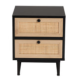 Baxton Studio Declan Mid-Century Modern Espresso Brown Finished Wood and Natural Rattan 2-Drawer Nightstand