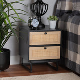 Baxton Studio Declan Mid-Century Modern Espresso Brown Finished Wood and Natural Rattan 2-Drawer Nightstand