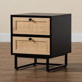 Baxton Studio Declan Mid-Century Modern Espresso Brown Finished Wood and Natural Rattan 2-Drawer Nightstand