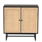 Baxton Studio Declan Mid-Century Modern Espresso Brown Finished Wood and Natural Rattan 2-Door Storage Cabinet