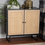 Baxton Studio Declan Mid-Century Modern Espresso Brown Finished Wood and Natural Rattan 2-Door Storage Cabinet