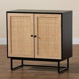 Baxton Studio Declan Mid-Century Modern Espresso Brown Finished Wood and Natural Rattan 2-Door Storage Cabinet