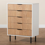 Baxton Studio Karima Mid-Century Modern Two-Tone White and Natural Brown Finished Wood and Black Metal 5-Drawer Storage Cabinet