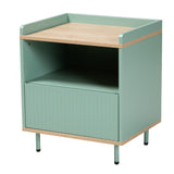 Tavita Mid-Century Modern Two-Tone Mint Green and Oak Brown Finished Wood 1-Drawer Nightstand