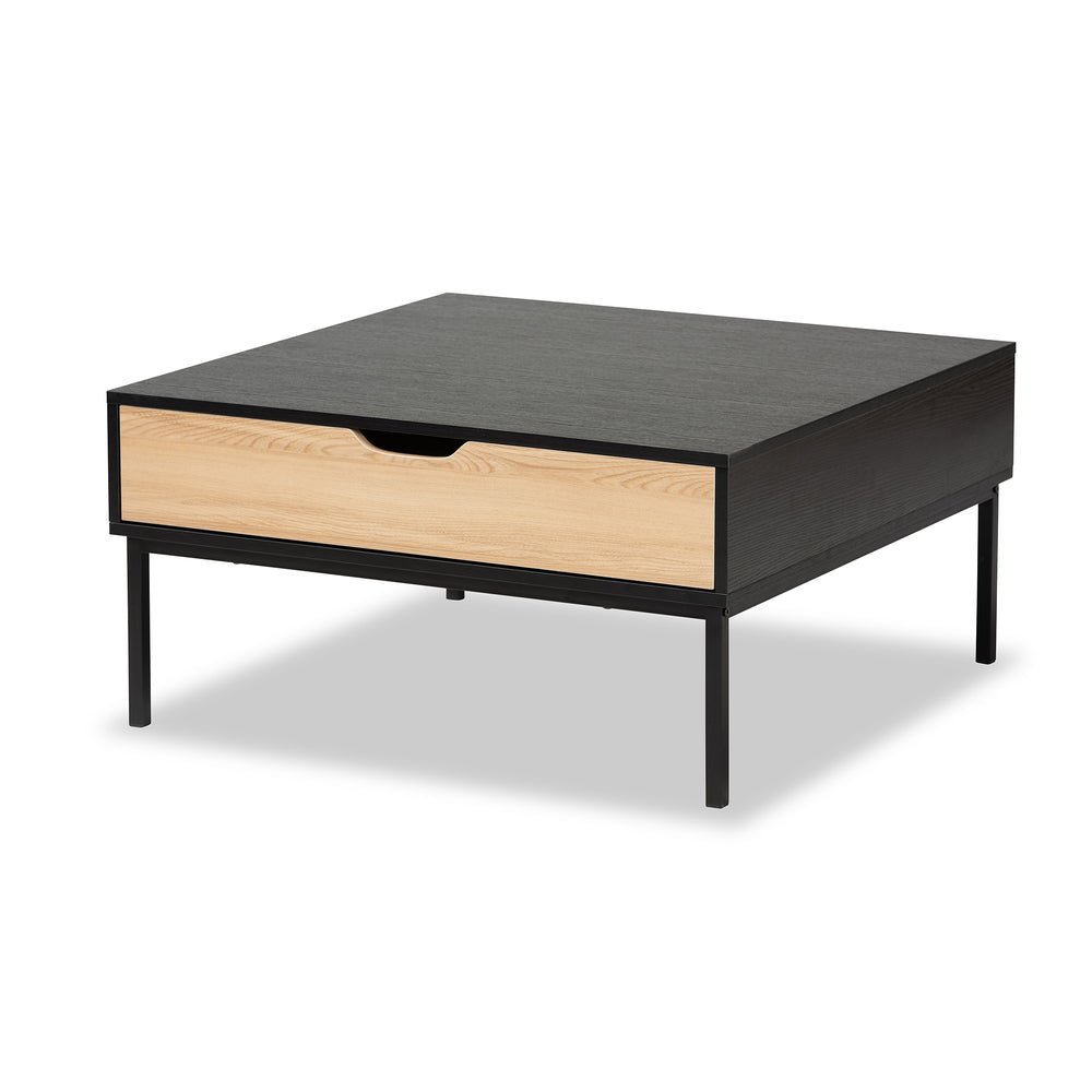 Haben Modern Oak Brown and Black Coffee Table with Shelf, Drawer, and Sleek Metal Legs for Living Room