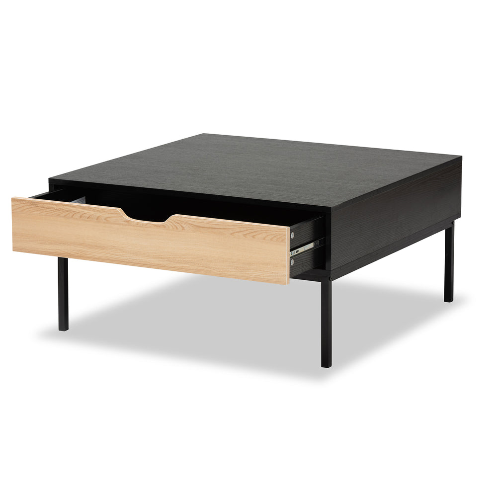 Haben Modern Oak Brown and Black Coffee Table with Shelf, Drawer, and Sleek Metal Legs for Living Room