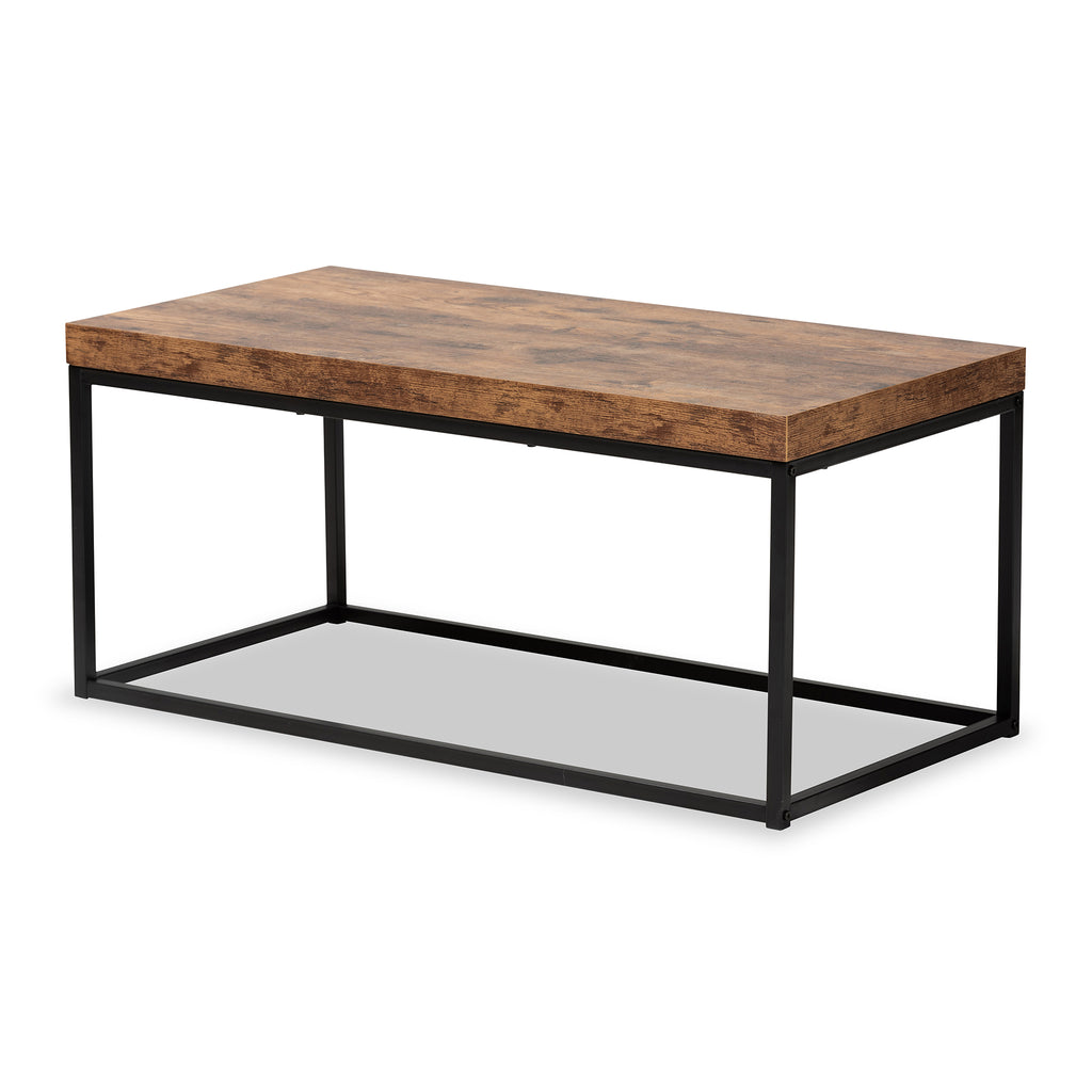 Bardot Modern Industrial Walnut Brown Finished Wood and Black Metal Coffee Table
