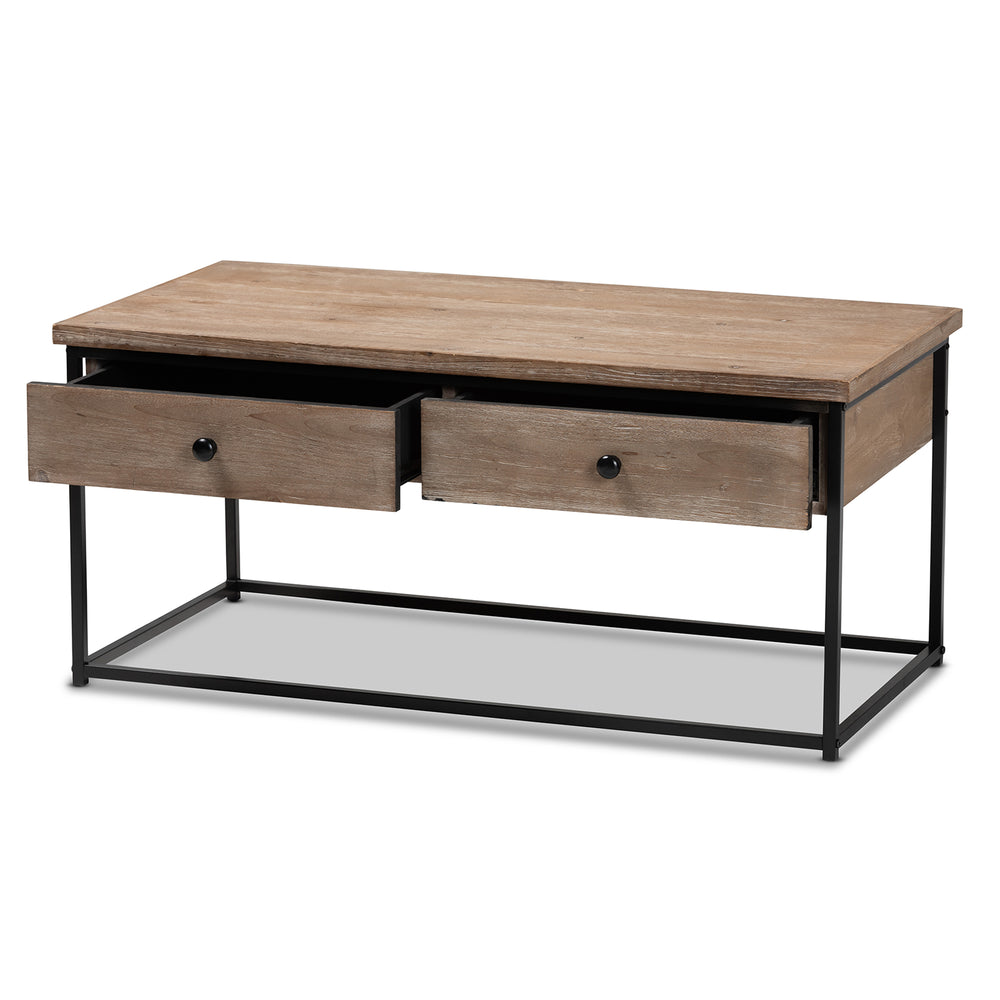 Baxton Studio Roderick Modern and Contemporary Weathered Oak Finished Wood and Black Metal 2-Drawer Coffee Table