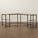 Baxton Studio Lydia Modern Walnut Brown Finished Wood and Black Metal L-Shaped Corner Desk with Shelves