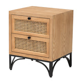 Weslan Mid-Century Modern Industrial Natural Brown Finished Wood and Black Metal 2-Drawer Nightstand