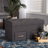 Gerwin Modern and Contemporary Dark Grey Fabric Upholstered and Oak Brown Finished Wood 2-Drawer Storage Ottoman