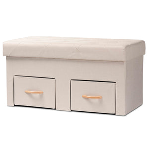 Gerwin Modern and Contemporary Beige Fabric Upholstered and Oak Brown Finished Wood 2-Drawer Storage Ottoman