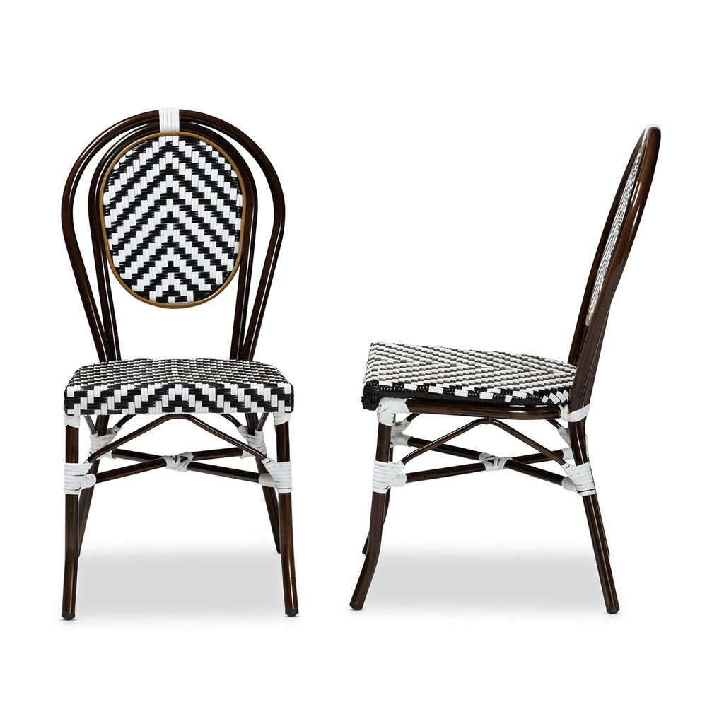 Baxton Studio Alaire Classic French Black and White Weaving and Dark Brown Metal 2-Piece Outdoor Dining Chair Set