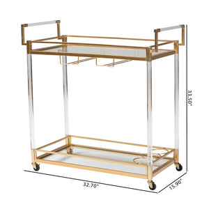 Savannah Contemporary Glam and Luxe Gold Metal and Glass Wine Cart