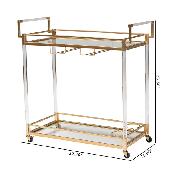Savannah Contemporary Glam and Luxe Gold Metal and Glass Wine Cart
