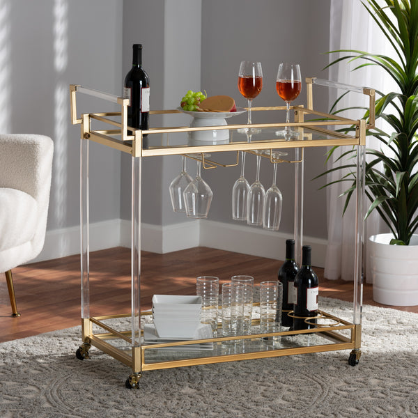 Savannah Contemporary Glam and Luxe Gold Metal and Glass Wine Cart