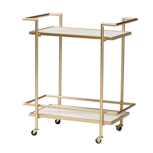 Baxton Studio Louise Contemporary Glam and Luxe Gold Metal and White Marble 2-Tier Wine Cart