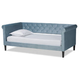 Cora Modern and Contemporary Light Blue Velvet Fabric Upholstered and Dark Brown Finished Wood Full Size Daybed