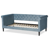 Cora Modern and Contemporary Light Blue Velvet Fabric Upholstered and Dark Brown Finished Wood Full Size Daybed