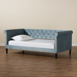 Cora Modern and Contemporary Light Blue Velvet Fabric Upholstered and Dark Brown Finished Wood Full Size Daybed